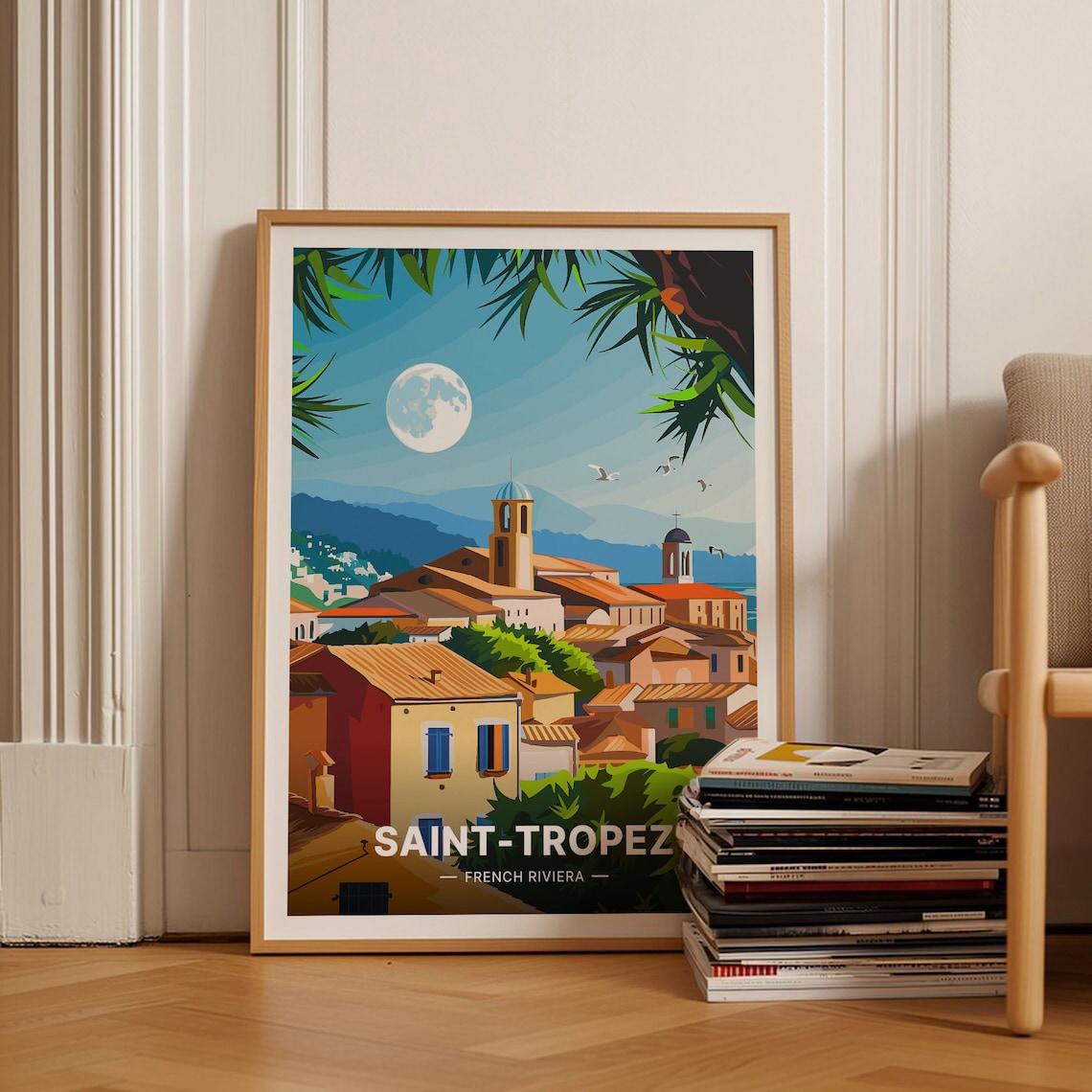 Saint Tropez French Riviera Moonlit Harbor Town Travel Poster