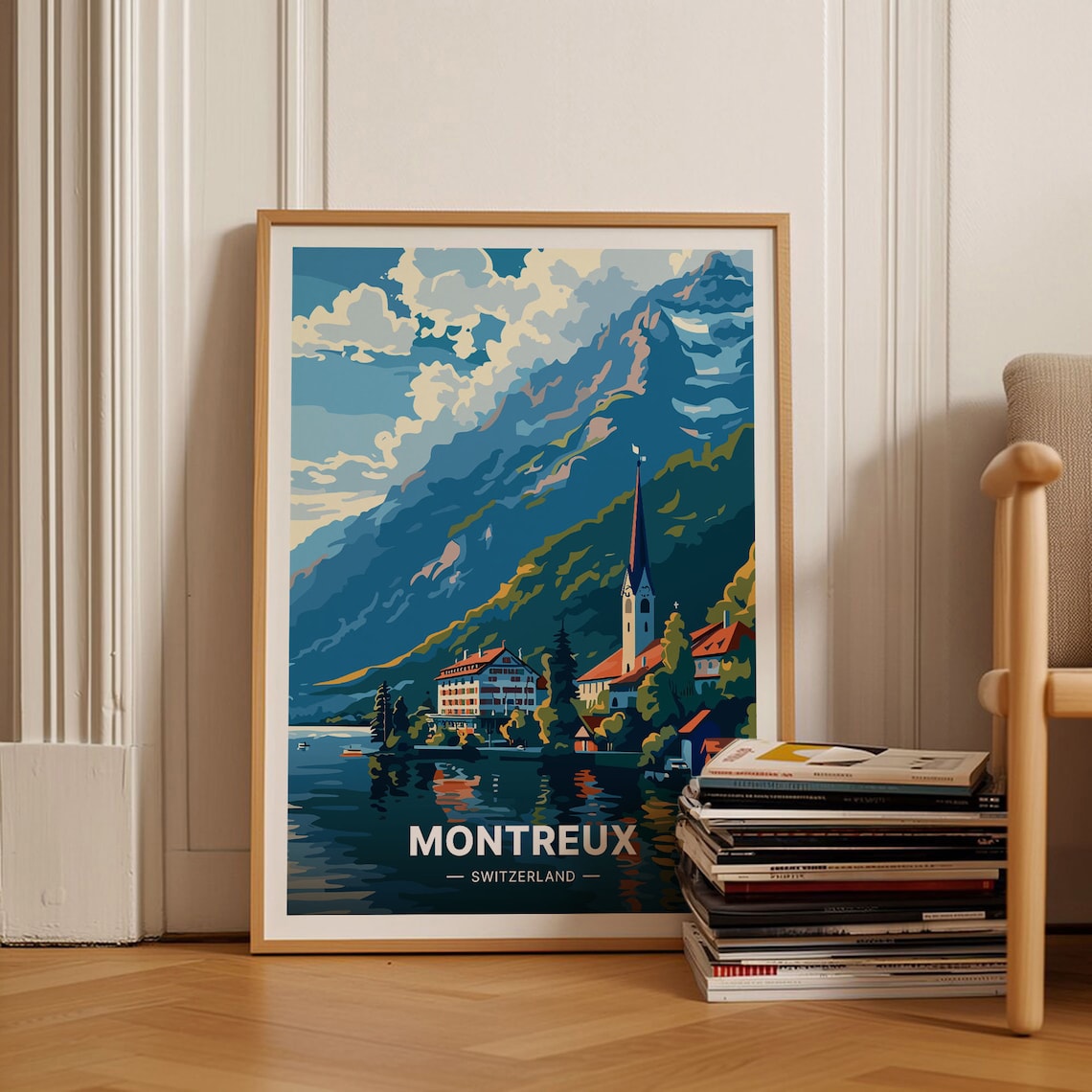 Switzerland Travel Poster, Montreux Swiss Alps Decor
