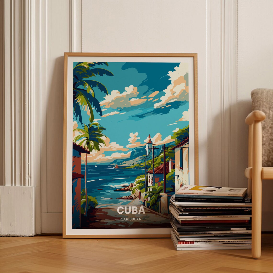Cuba Caribbean Tropical Coastal Street Palm Trees Travel Poster