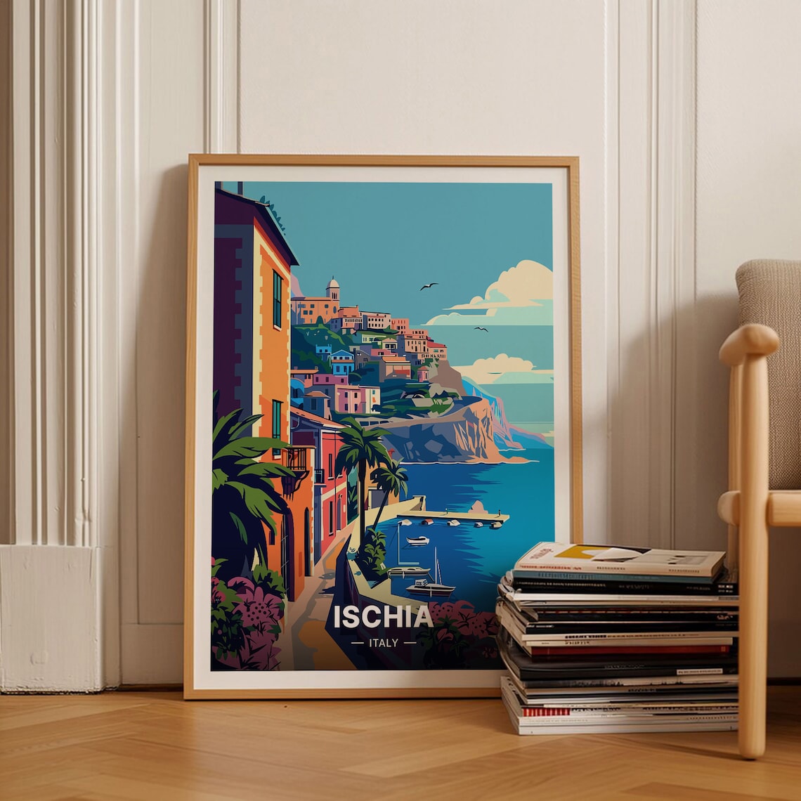 Ischia Italy Coastal Cliff Town Sea Harbor Vintage Travel Poster