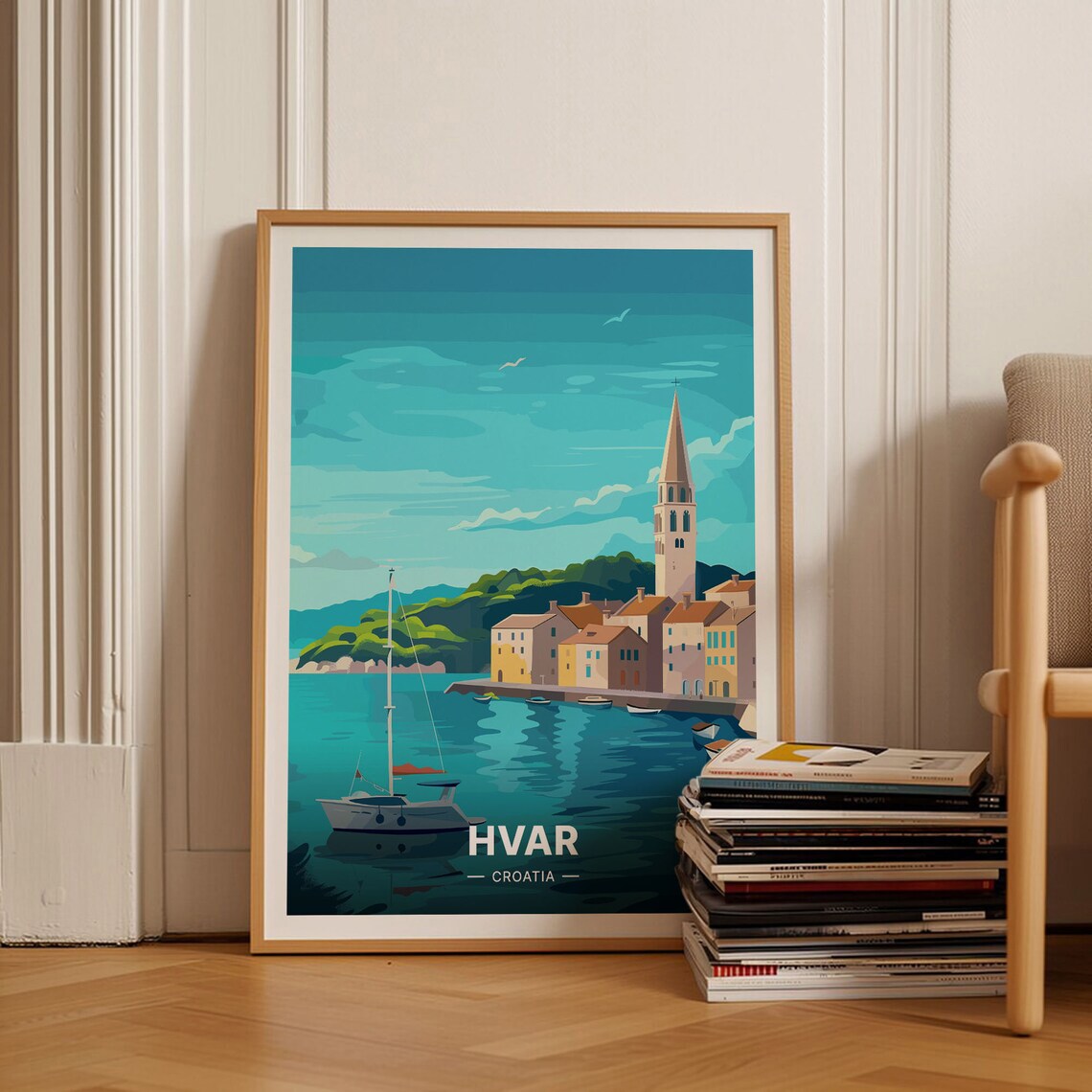 Hvar Croatia Harbour Sailboat Church Spire Coastal Travel Poster