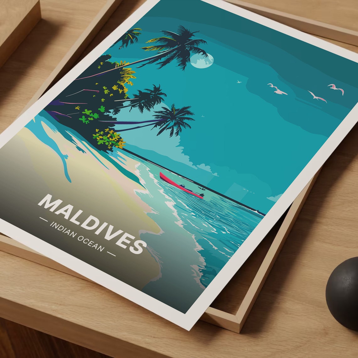 Maldives Indian Ocean Moonlit Beach Palm Trees Island Escape Poster - Image 3