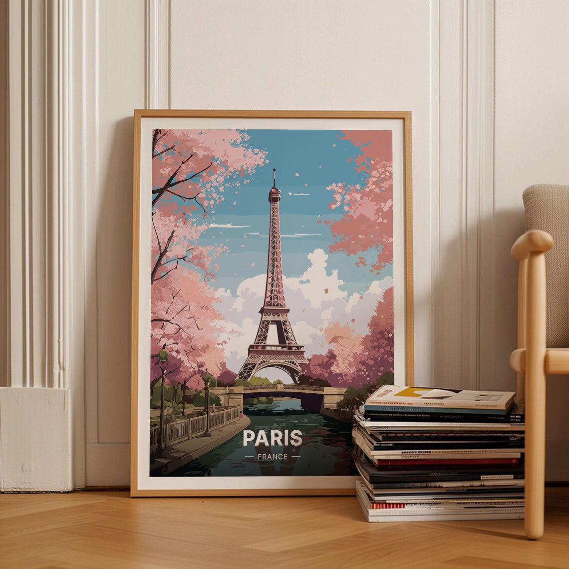 Paris France Poster Eiffel Tower Cherry Blossom Springtime Art