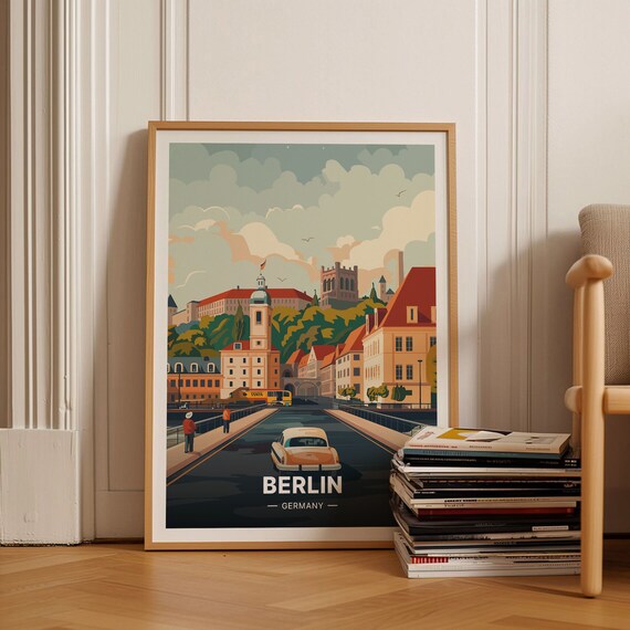 Berlin Germany Classic Car Bridge Riverside Vintage Travel Poster