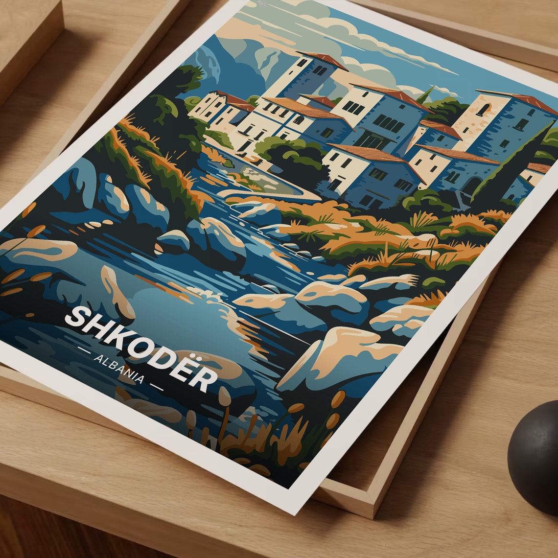Shkodër Albania Old Town Towers Riverside Vintage Travel Poster Art - Image 3