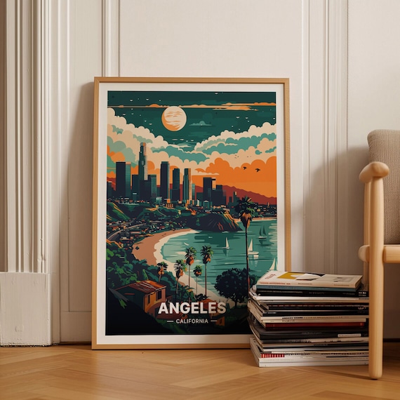Los Angeles California Skyline Beach Palms Golden Sunset Travel Poster