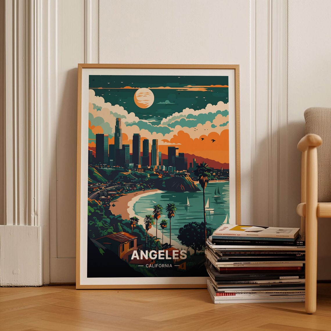 Los Angeles California Skyline Beach Palms Golden Sunset Travel Poster