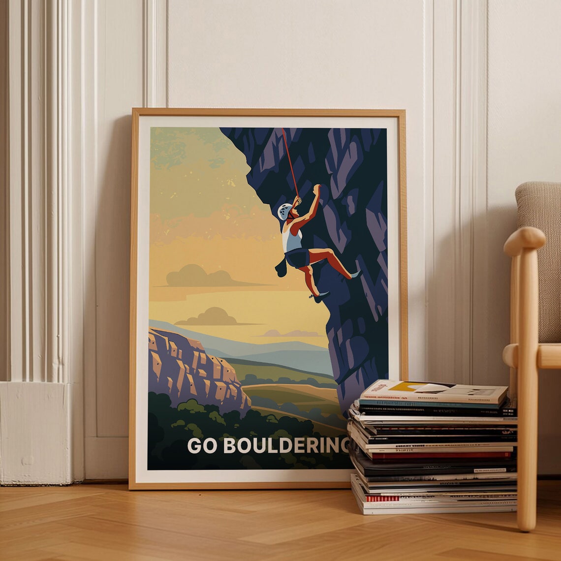 Go Bouldering Rock Climbing Adventure Poster Mountain Sunset Art