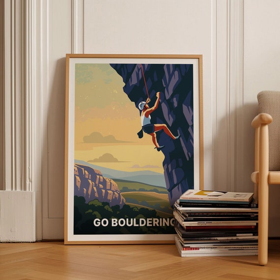 Go Bouldering Rock Climbing Adventure Poster Mountain Sunset Art