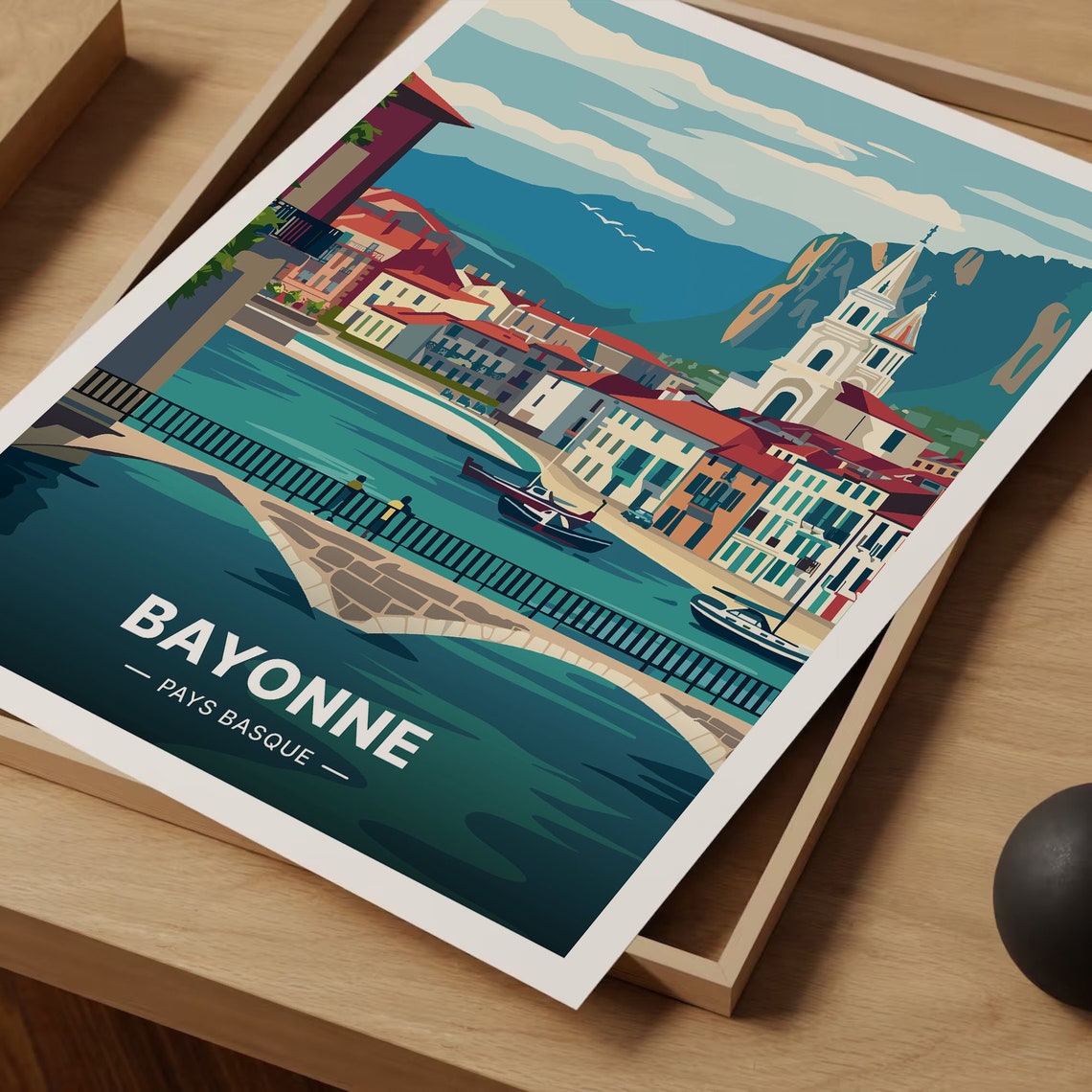 Bayonne Pays Basque Riverside Town Stone Bridge Travel Poster Art - Image 3