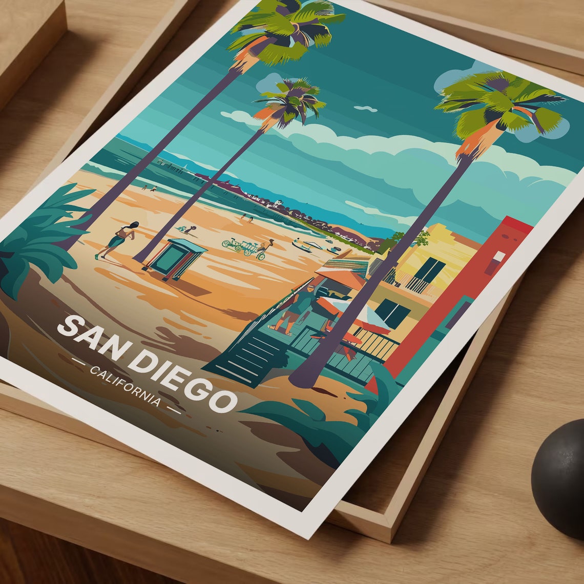 San Diego California Palm Tree Beach Boardwalk Travel Poster - Image 3