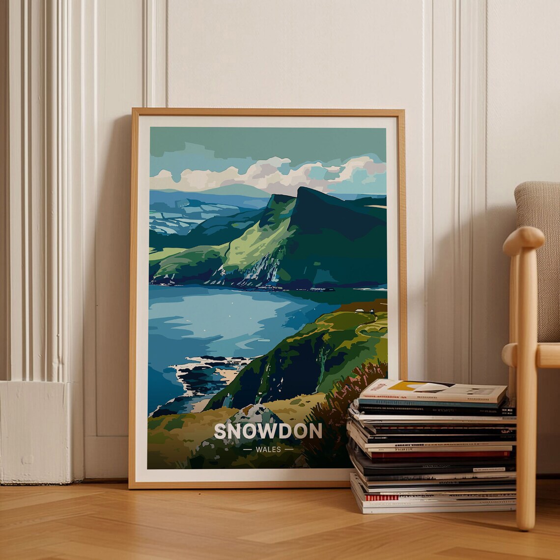 Snowdon Wales Mountain Ridges Blue Lake Vintage Illustrated Travel Poster