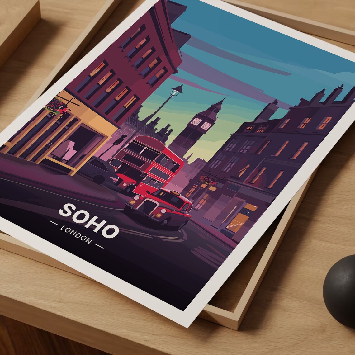Soho London Travel Poster Red Bus Big Ben Evening Street Art - Image 3