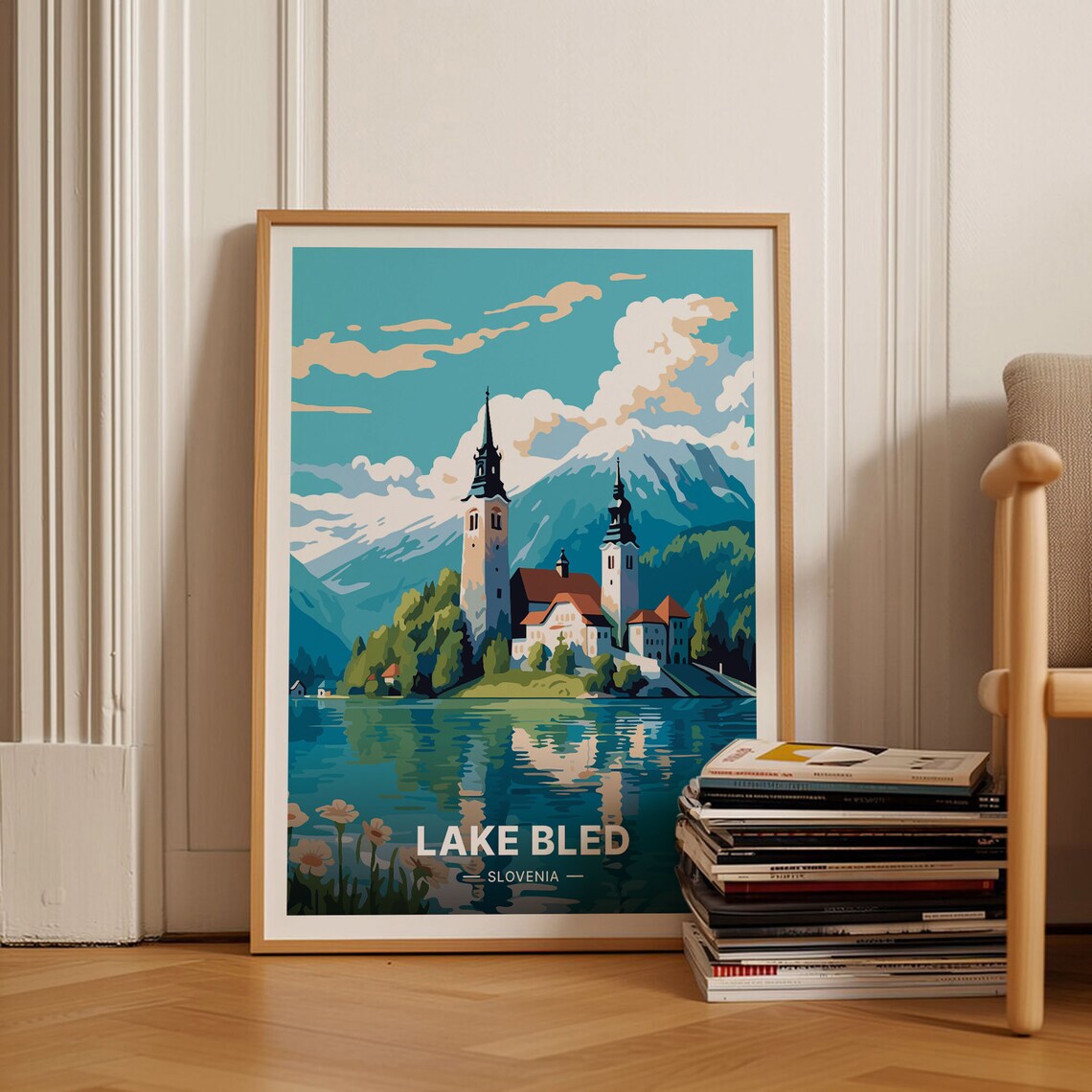 Lake Bled Travel Poster, Slovenia Scenic Landscape