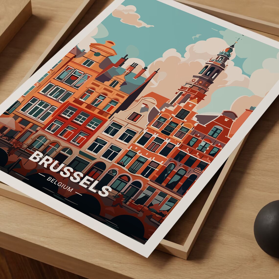 Brussels Belgium Historic Gabled Houses Church Tower Travel Poster - Image 3