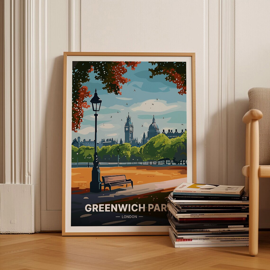Greenwich Park London Skyline Riverside Vintage Travel Poster
