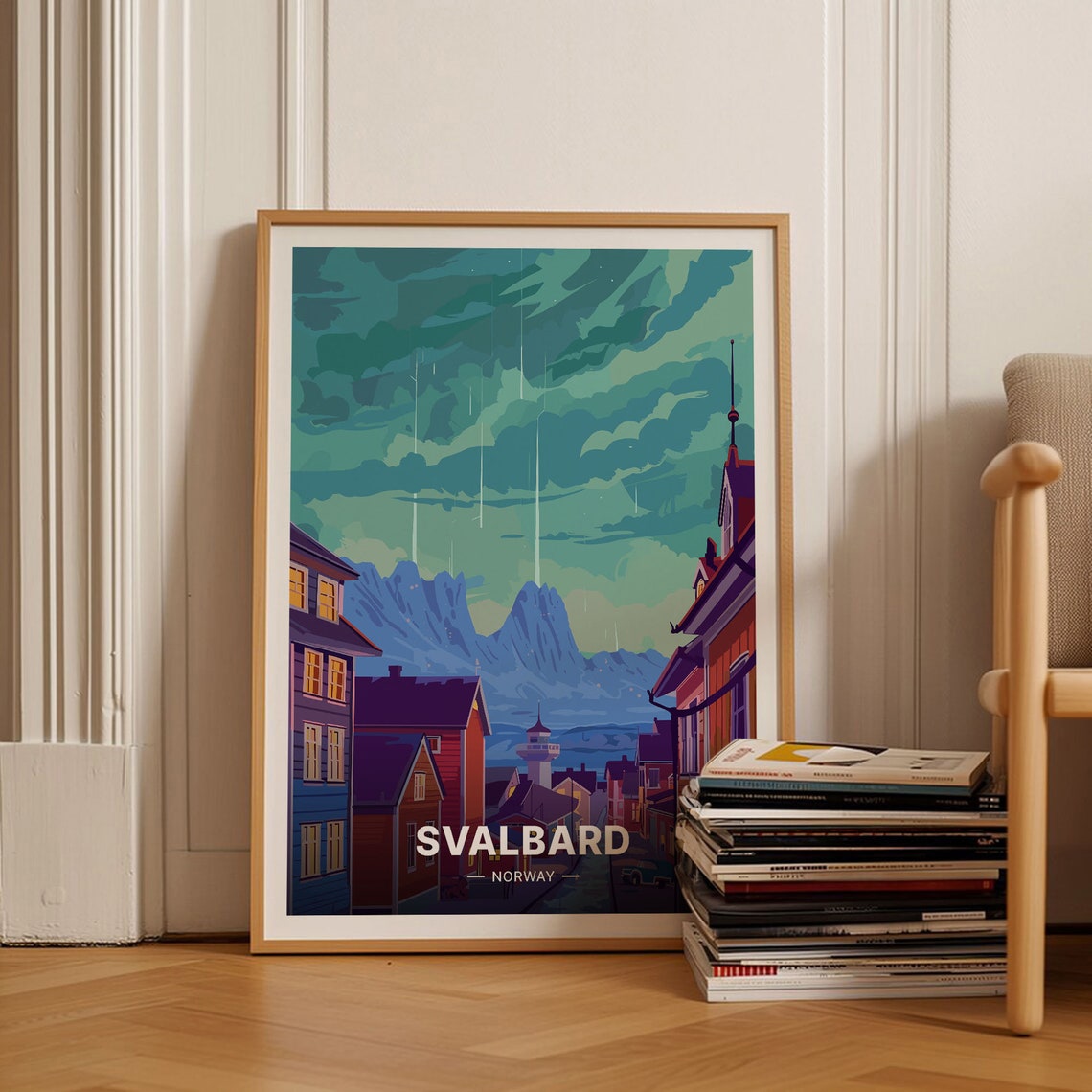 Svalbard Norway Arctic Town Polar Night Sky Vintage Travel Poster