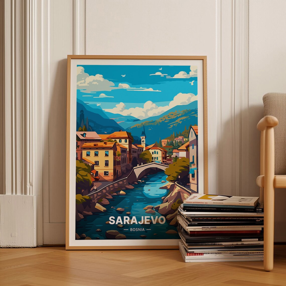 Sarajevo Cityscape Travel Poster, Bosnia Herzegovina
