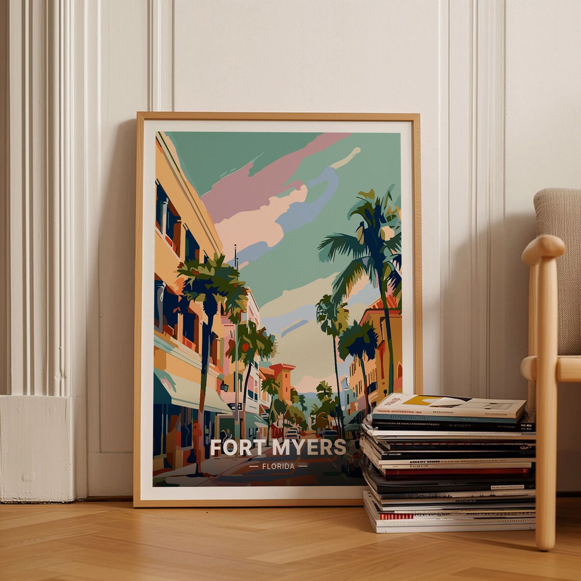Fort Myers Florida Palm Tree Street Downtown Retro Travel Poster