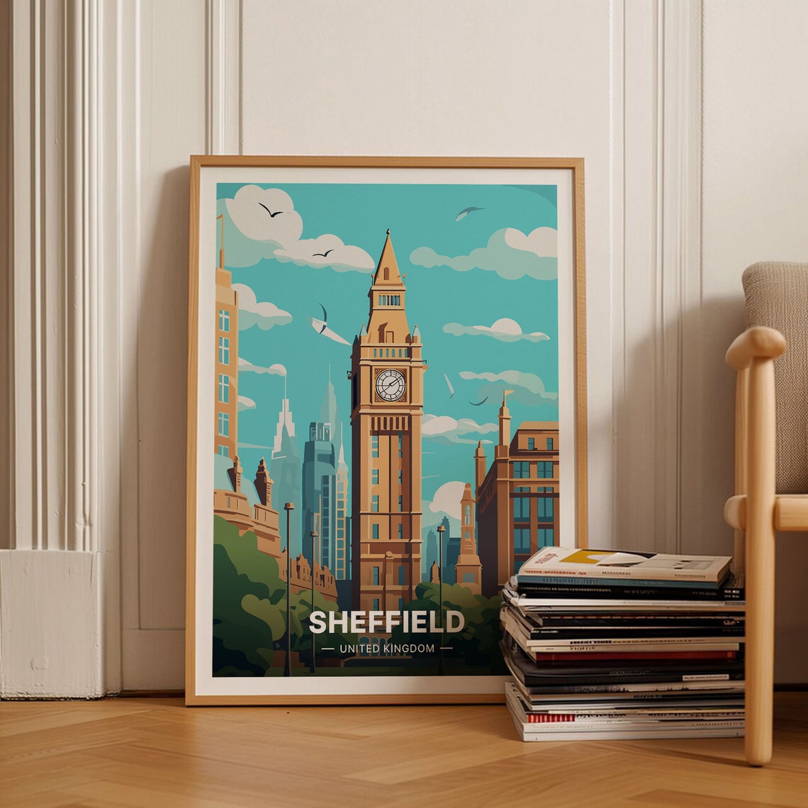 Sheffield United Kingdom Clock Tower Cityscape Retro Travel Poster
