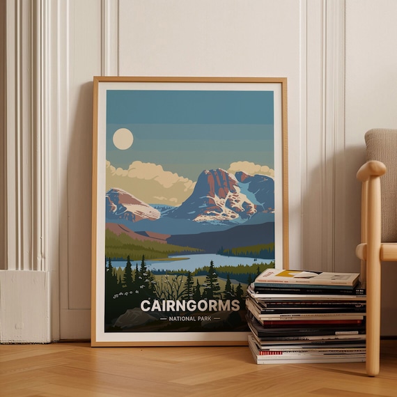 Cairngorms National Park Mountain Lake Moonlit Travel Poster