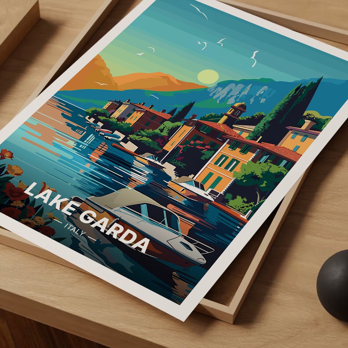 Lake Garda Italy Lakeside Town Sunset Boats Vintage Travel Poster - Image 3