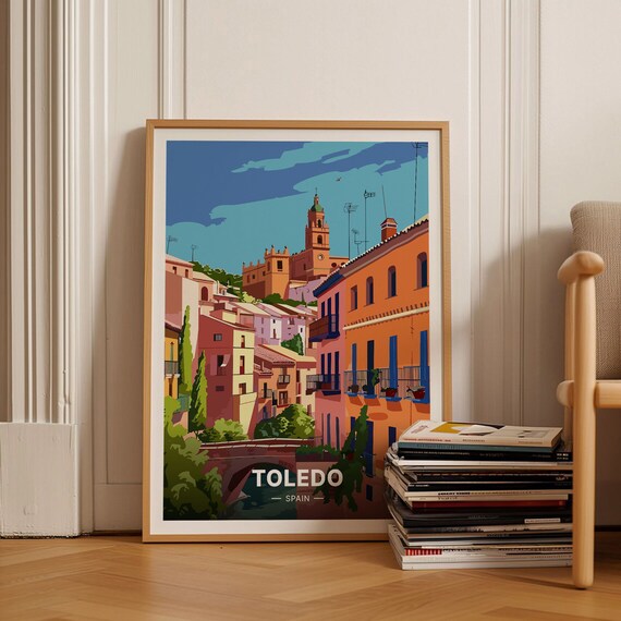 Toledo Spain Old Town Clock Tower Rooftops Vintage Travel Poster
