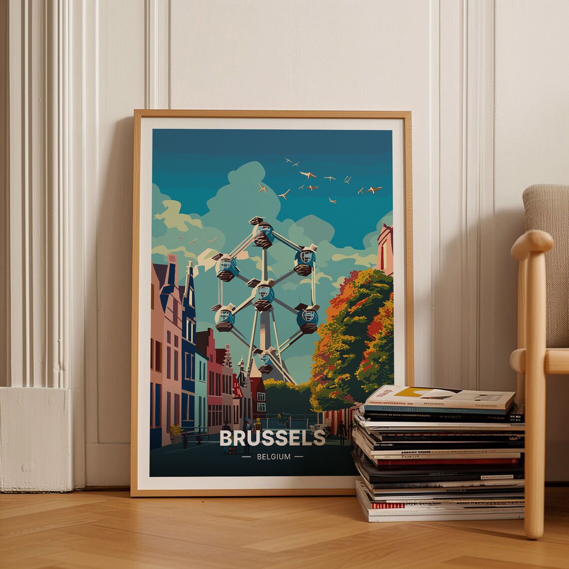 Brussels Atomium Vintage Travel Poster, Belgium Skyline