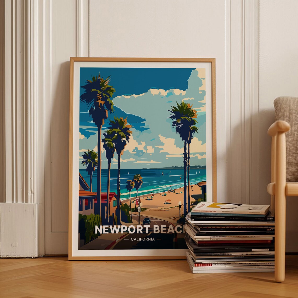 Newport Beach California Palm Trees Ocean Boulevard Vintage Poster