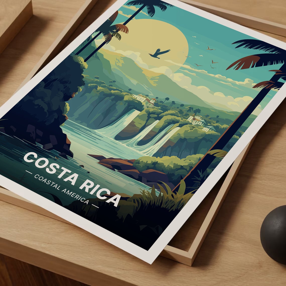 Costa Rica Tropical Waterfall Palms Sunset Jungle Travel Poster - Image 3