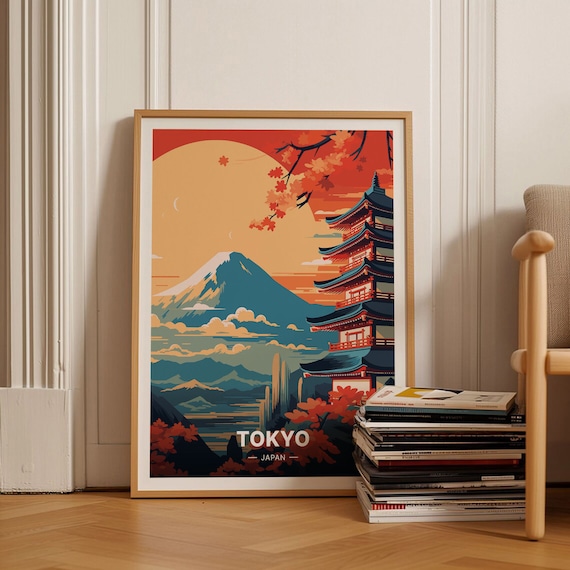 Tokyo Japan Mount Fuji Pagoda Maple Leaves Sunset Travel Poster