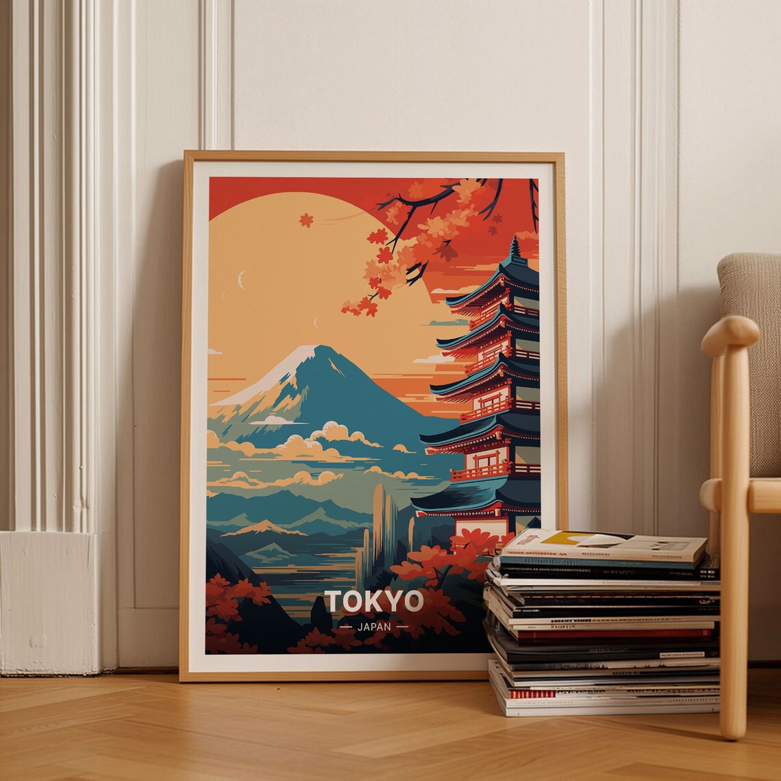 Tokyo Japan Mount Fuji Pagoda Maple Leaves Sunset Travel Poster