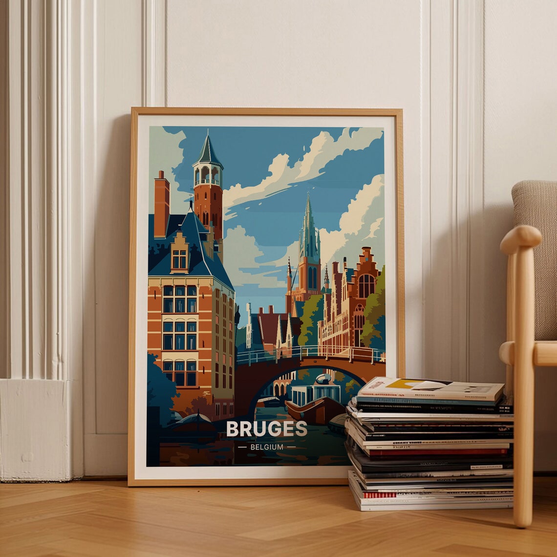 Bruges Belgium Belfry Tower Canal Bridge Medieval Travel Poster