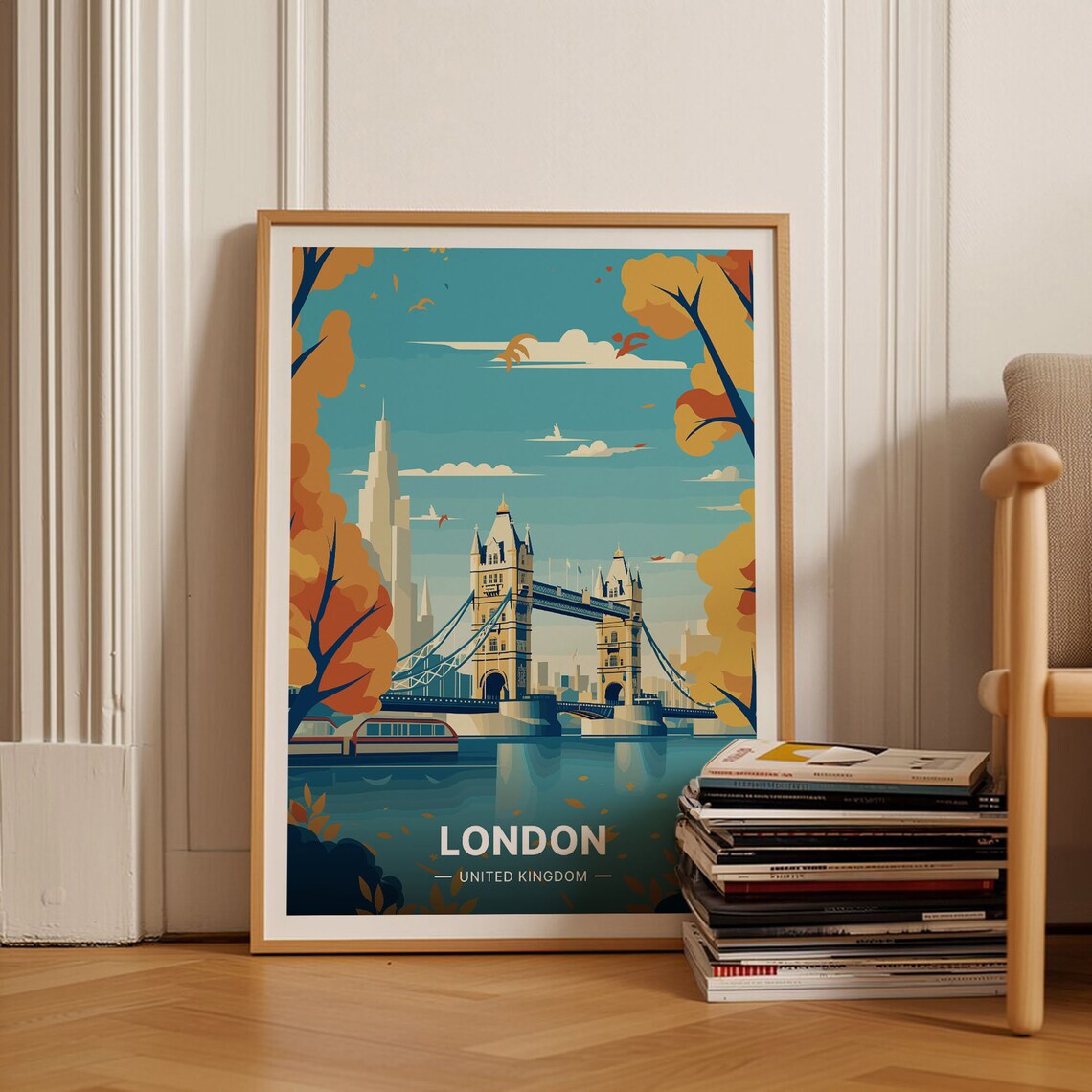 London United Kingdom Tower Bridge Autumn River Travel Poster