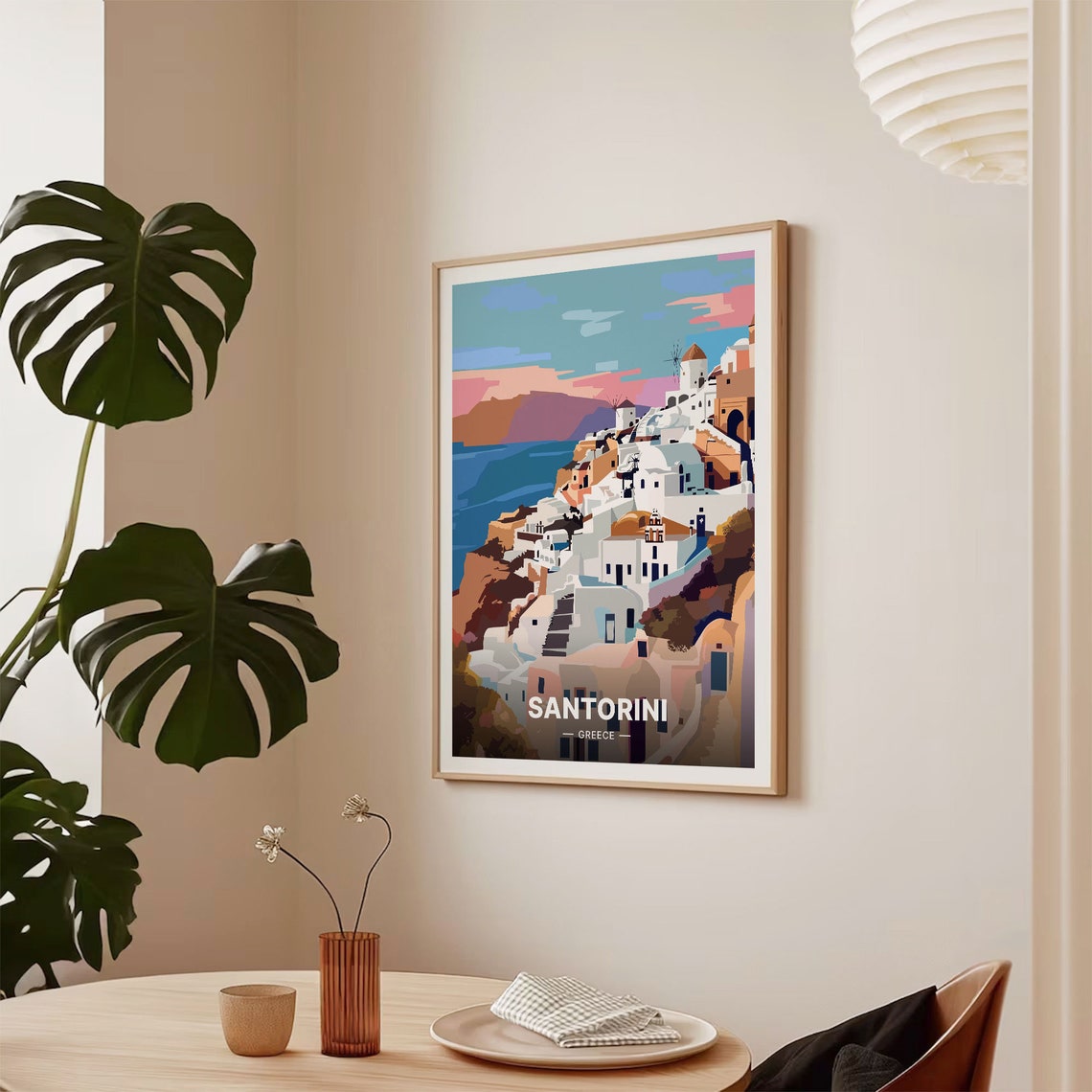 Santorini Greece Travel Poster White Village Aegean Sunset Art - Image 2