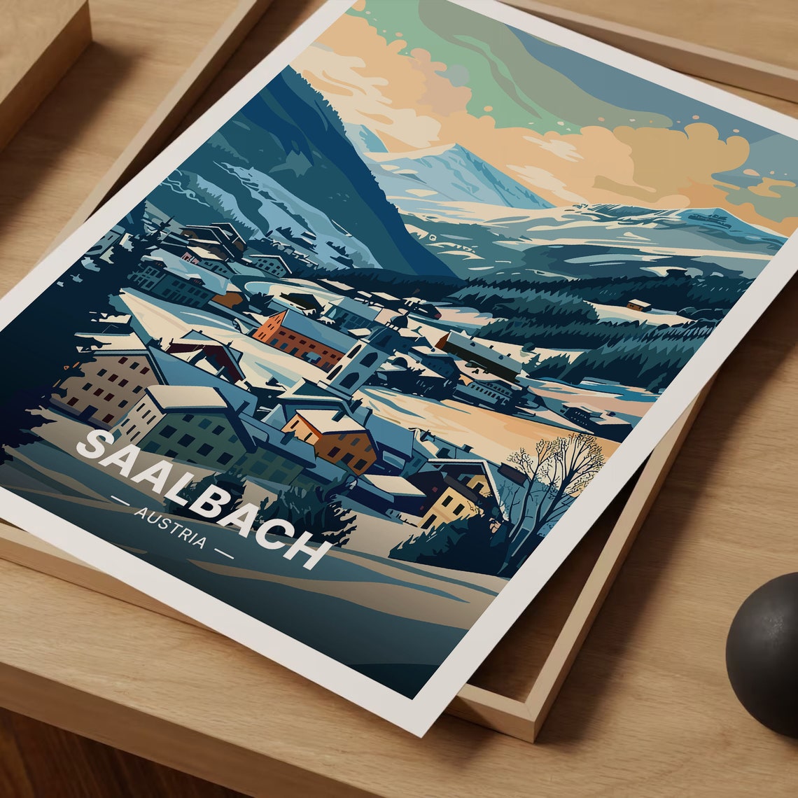 Saalbach Austria Travel Poster Snowy Alpine Village Mountain Art - Image 3