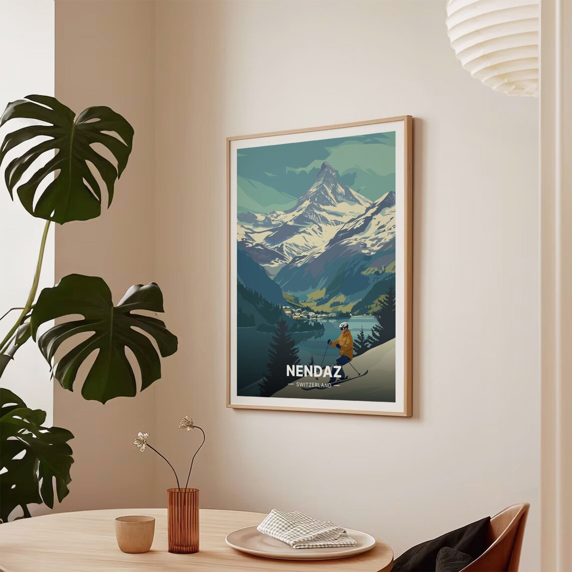 Nendaz Switzerland Alpine Ski Resort Skier Mountain Lake Travel Poster - Image 2