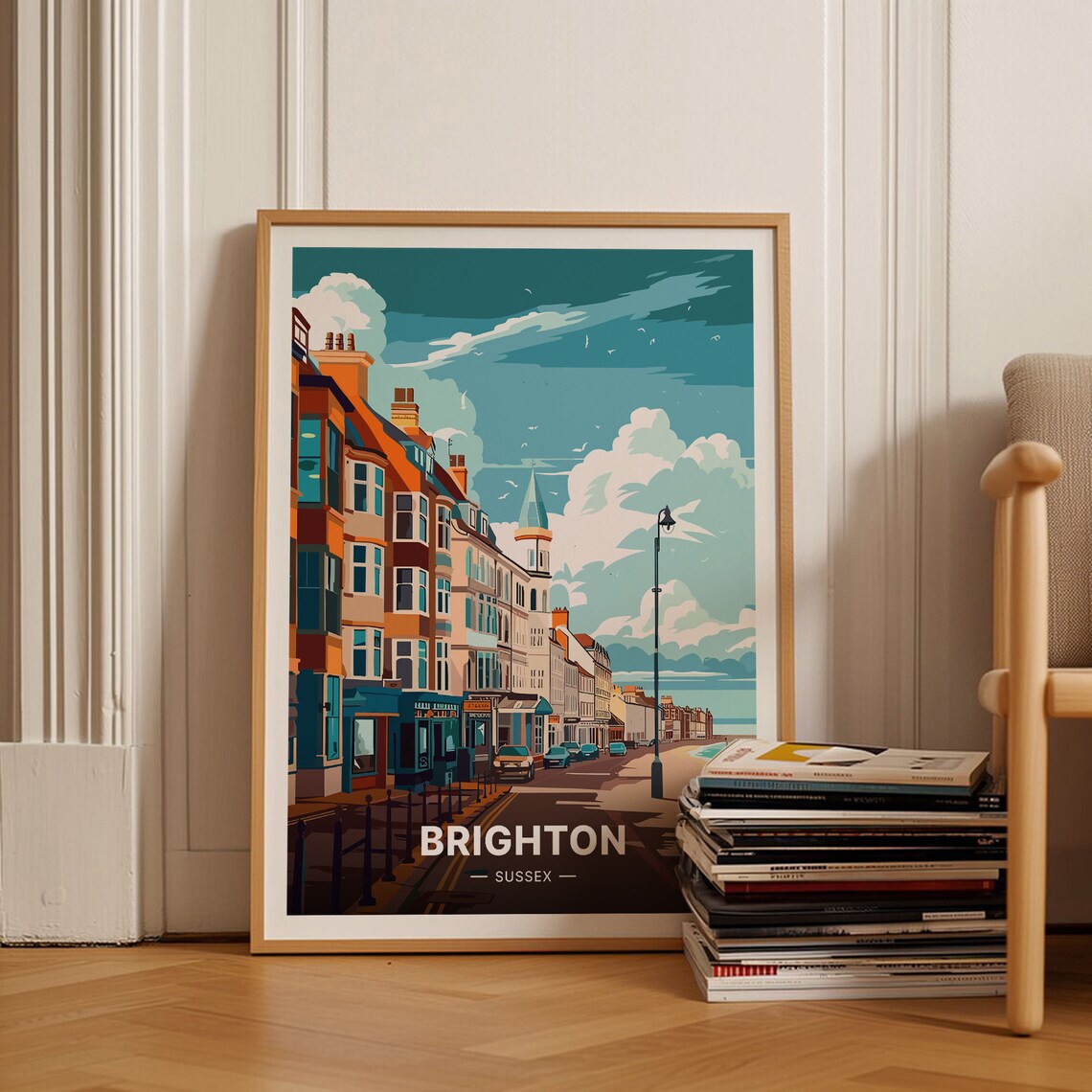 Brighton Sussex Travel Poster Seafront Terraces Golden Hour Street Art