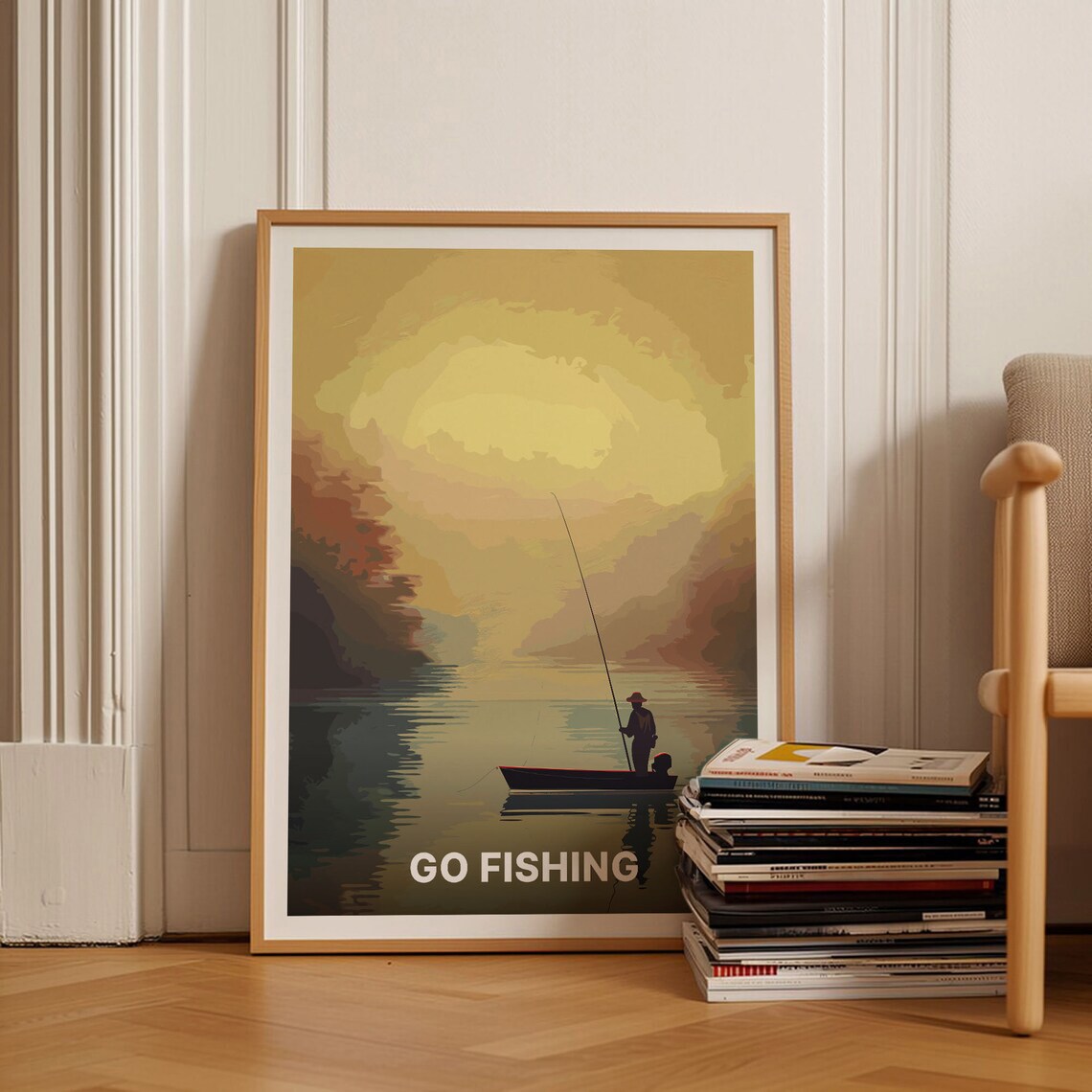 Go Fishing Lone Angler Misty Lake Sunrise Adventure Travel Poster
