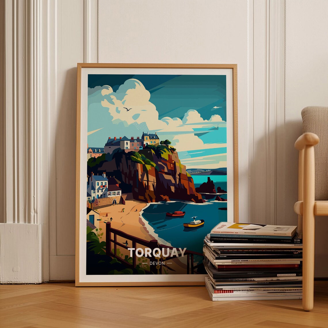 Torquay Devon Cliffside Town Sandy Beach Boats Sunny Bay Poster