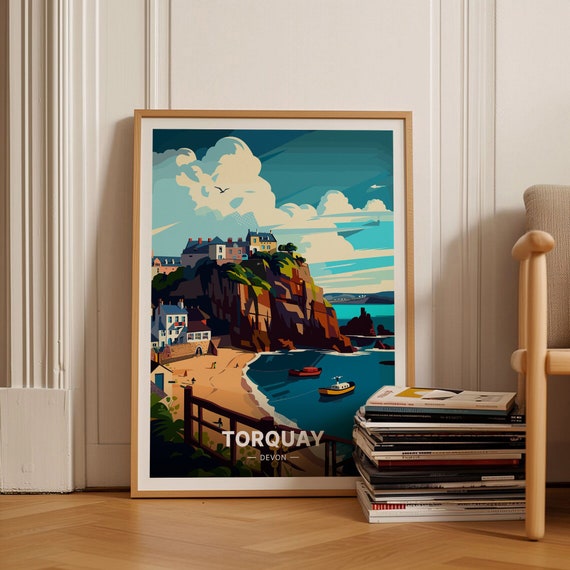 Torquay Devon Cliffside Town Sandy Beach Boats Sunny Bay Poster