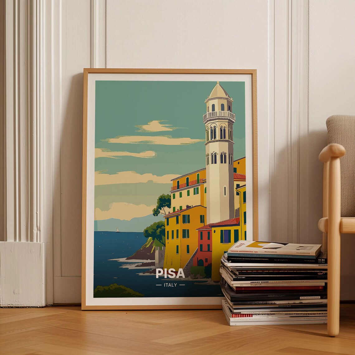 Pisa Italy Coastal Tower Colorful Old Town Sea View Travel Poster