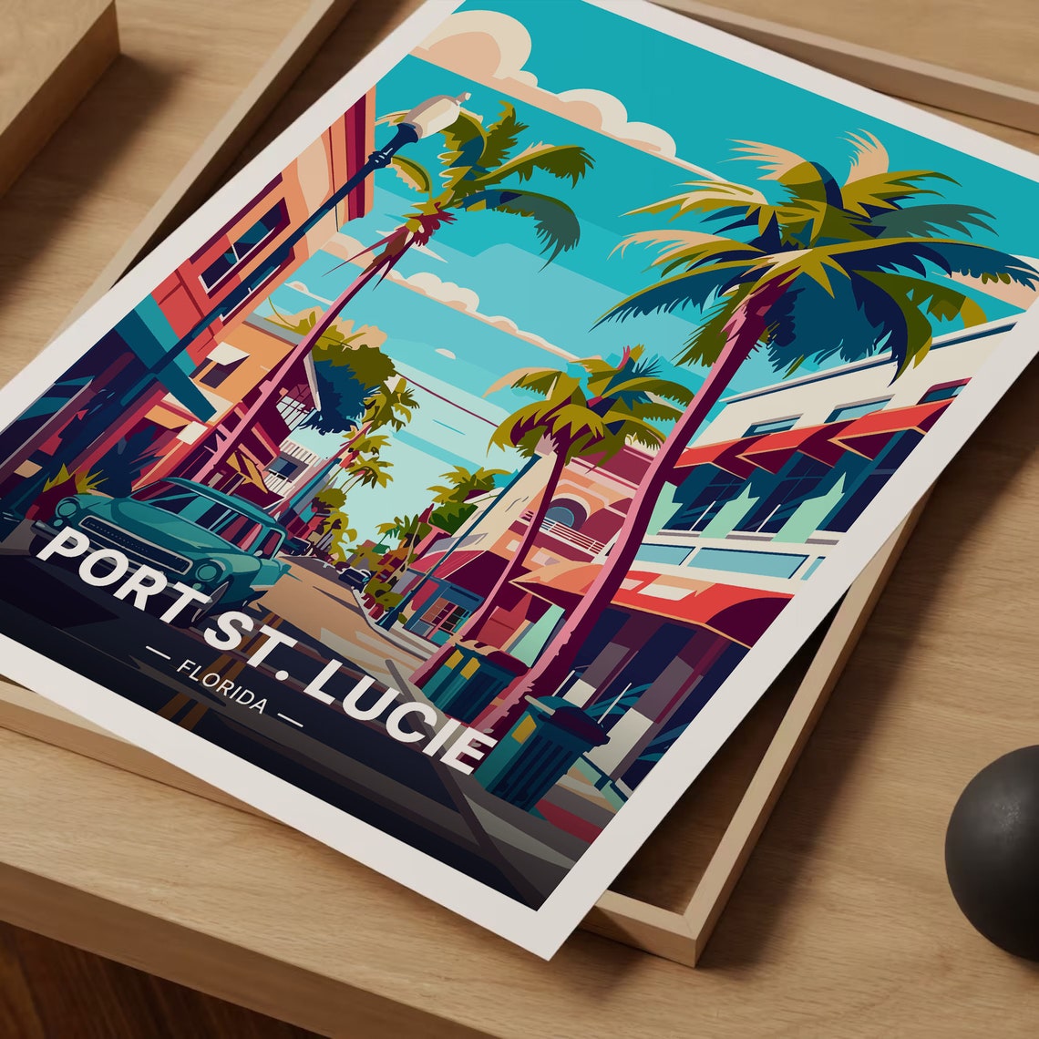 Port St Lucie Florida Palm Lined Main Street Vintage Car Poster - Image 3