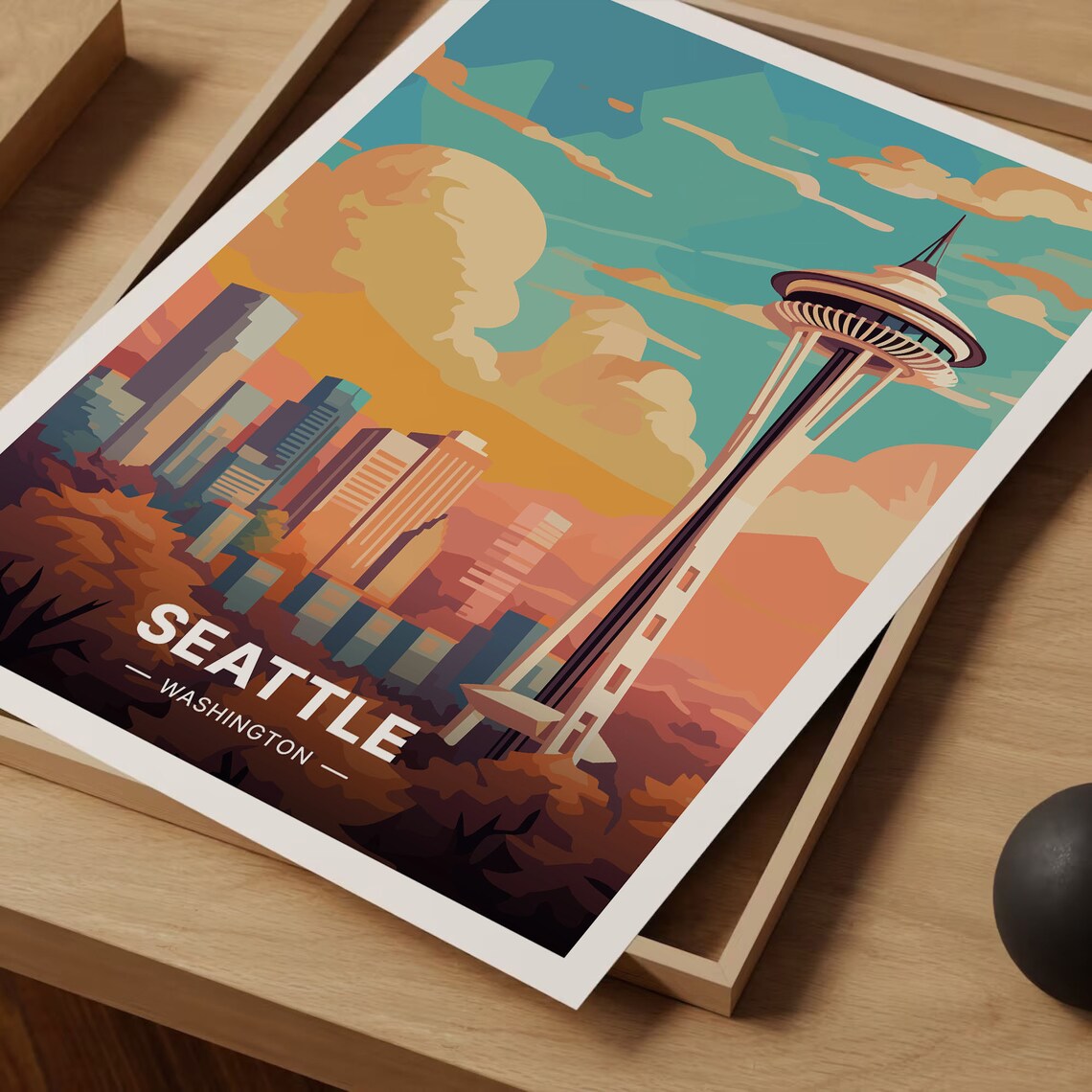 Seattle Skyline Travel Poster, Retro Washington Cityscape - Image 3