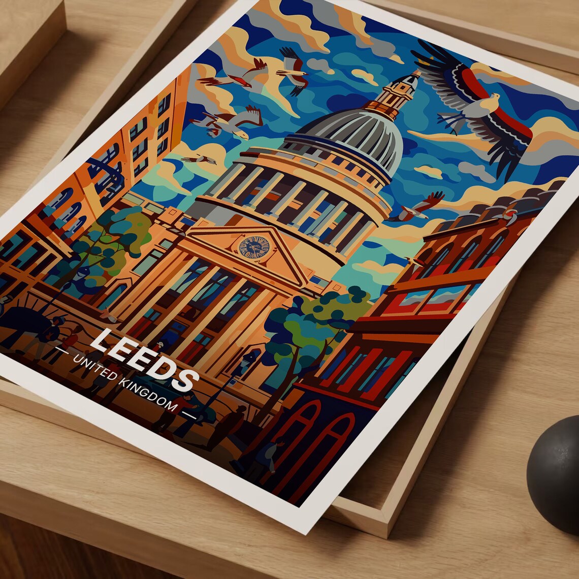 Leeds United Kingdom Domed Civic Hall Birds Vintage Travel Poster Art - Image 3