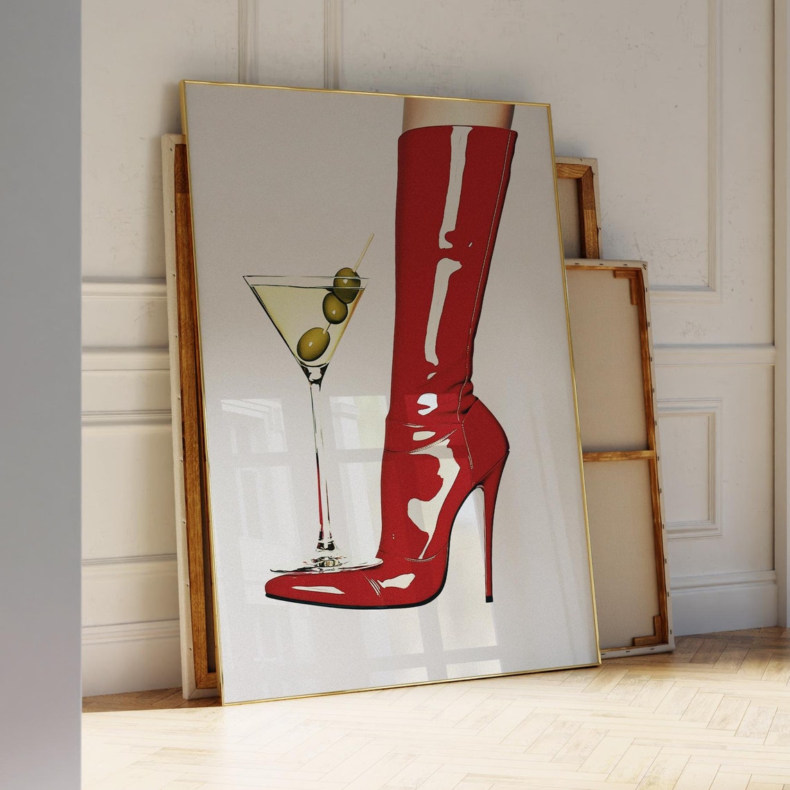 Red Boots Wall Art Bar Cart Print Cocktail Fashion Icon Poster Retro Trendy