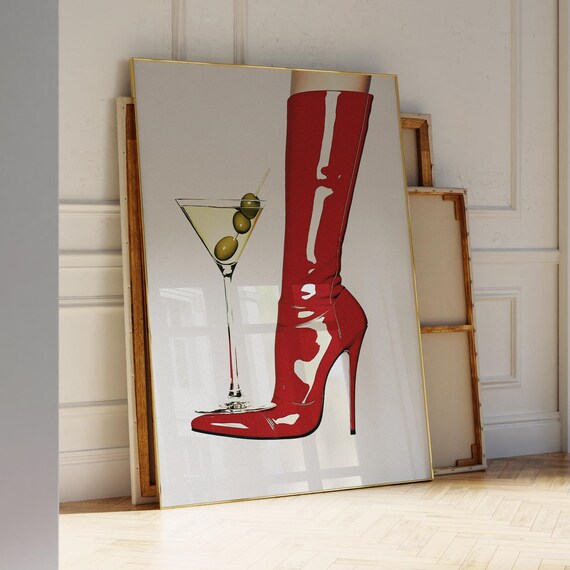 Red Boots Wall Art Bar Cart Print Cocktail Fashion Icon Poster Retro Trendy