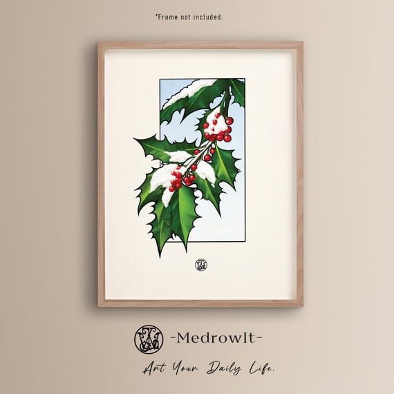 Handdrawn Snowy Holly Branch Christmas Botanical Art Print Red Berries