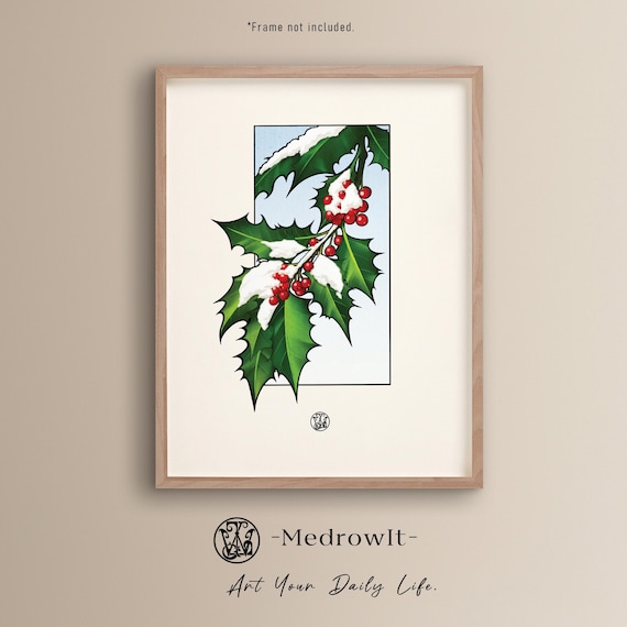 Vintageinspired Holly Art Print Christmas Gift Handdrawn Illustration Unique Botanical Original Artwork Special Wall Decor Idea