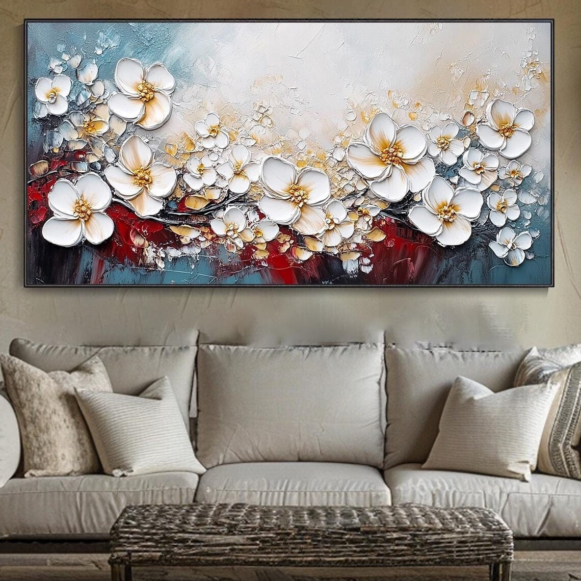 White Cherry Blossoms Red Teal Gold Abstract Floral Elegant Wall Art - Image 4